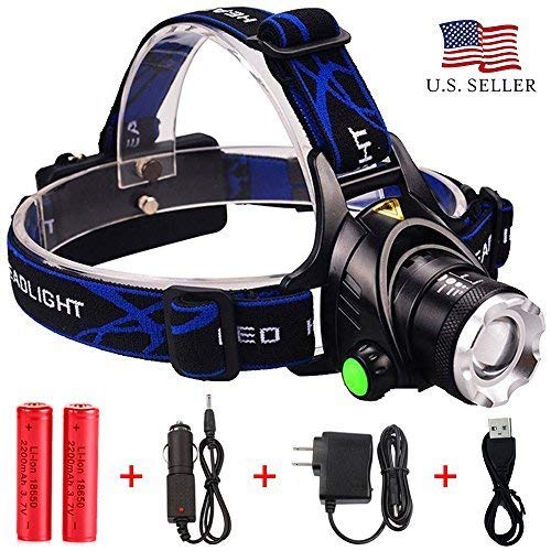 Rechargeable LED Headlamp Hard Hat: Super Bright Zoomable Waterproof Flashlight Headlamps - Head Lights for Camping, Running, Hunting or Hiking - Headlight with Adjustable Straps and 3 Light Modes