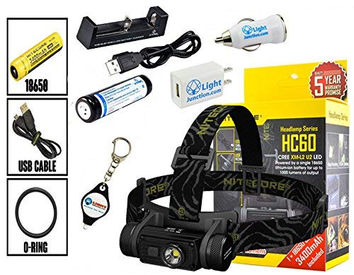 Nitecore HC60 Cree XM-L2 U2 LED Rechargeable Headlamp 1000 Lumens w/ EXTRA 18650, MC1 Charger, USB Wall and USB Car Charger Plug and Lightjunction Keychain Light