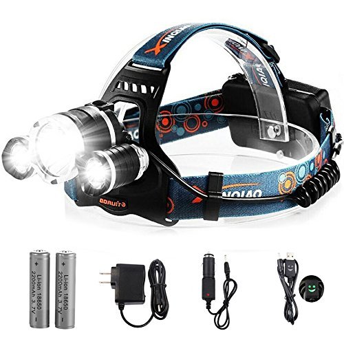 totobay Waterproof 5000Lm LED Headlamp with 4 Mode-Hands Free Headlight Flashlight Torch+2 Pcs18650 Rechargeable Batteries+AC Charger+Car Charger for Camping Biking Hunting Fishing Outdoor Sports