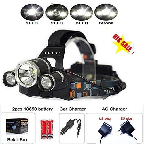 Rayma Rayma 18650 Lanterns Set 8000 Lumens 3x XML T6 LED Headlight Package Include Linternas Frontales Cabeza Headlamp+ac/car Charger+2x18650 Rechargeable Battery