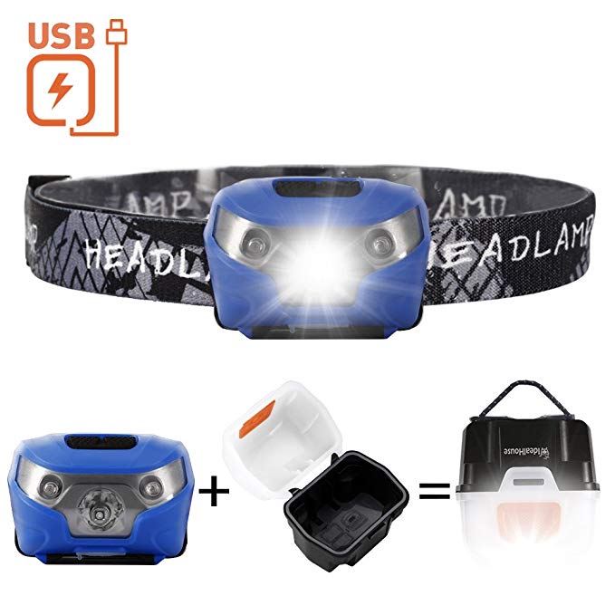 Rechargeable LED Headlamp Flashlight, Idealhouse Waterproof Magnetic Headband Flashlight with Portable Light Box and USB Cable, Lightweight Super Bright for Kids Adults Riding Camping Running, Blue