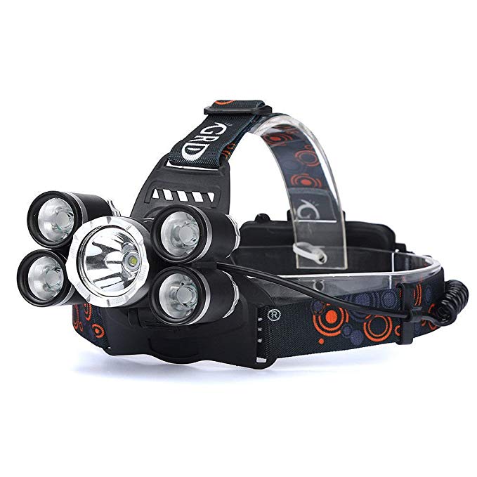 LED Headlamp Flashlight Kit, Portable Rechargeable Waterproof Adjustable Brightest Headlight, 10000-Lumen Head Light with 18650 Rechargeable Batteries for Hunting Fishing Camping Night-Work (5 Bulbs)