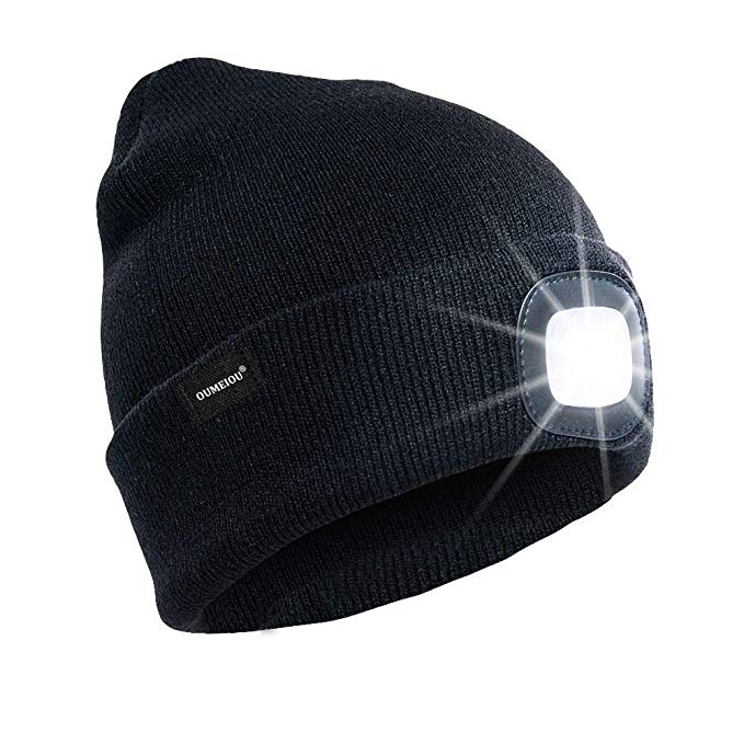 OUMEIOU 4 LED Headlamp Beanie Cap, Winter Warm Beanie Hat Hands Free Lighted Beanie Cap with 3 Brightness Level for Walking at Night, Camping, Dog Walking, Biking (Black)