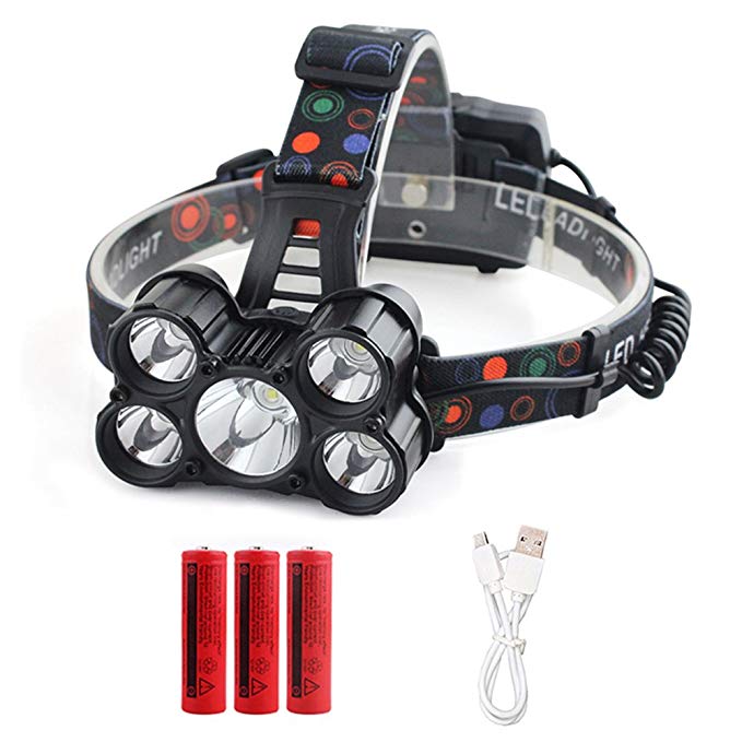 LED Headlamp, 5 T6 Brightest Headlight, 6000 Lumen 4 Modes Waterproof Flashlight, Hard Hat Light, 18650 Rechargeable Batteries for Camping Running Hiking and Reading