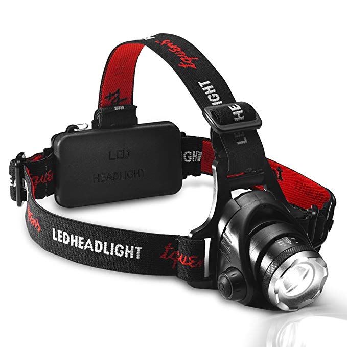 Tquens L300 Headlamp Flashlight Zoomable Super Bright LED with Rechargeable Batteries, Battery Charger, 3 Modes for Camping, Walking, Hiking, and Reading