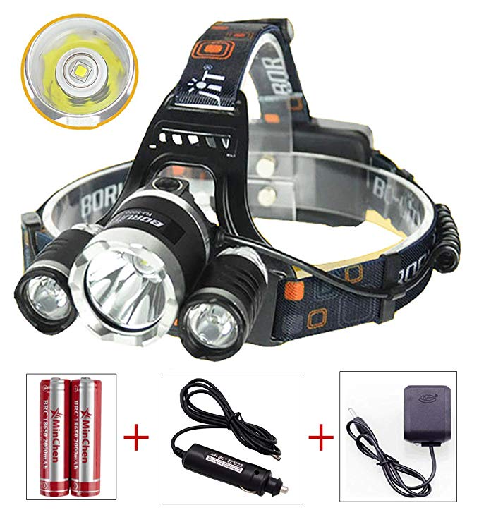 High Power LED Headlamp Boruit 5000LM CREE XML L2 and 2R5 Rechargeable LED Headlamp Headlight Flashlight with 2x Protected 18650 Batteries and Chargers