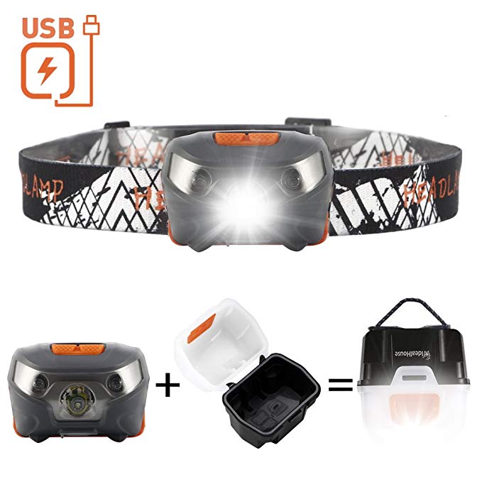 USB Rechargeable LED Headlamp, Idealhouse Waterproof Headband Flashlight,Lightweight Headlight Flashlight, Super Bright Head Torchlight for Running,Dog Walking,Riding,Camping