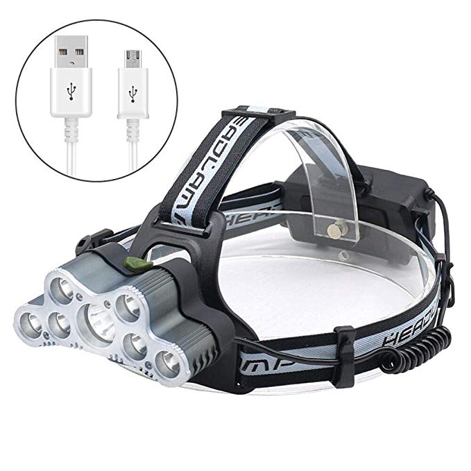 Super Bright 7 LED 6000 Lumens Headlamp, JIRVY USB Rechargeable Adjustable Headlight Flashlight with Waterproof for Camping, Biking, Walking (7 led)