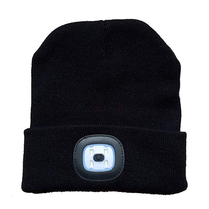 YANJIA Hands Free Unisex USB Rechargeable LED Knitted Beanie Hat Power Stocking Cap,Remove + Recharge bright LED lights, NO BATTERIES TO REPLACE, LED Beanie hat (Black)