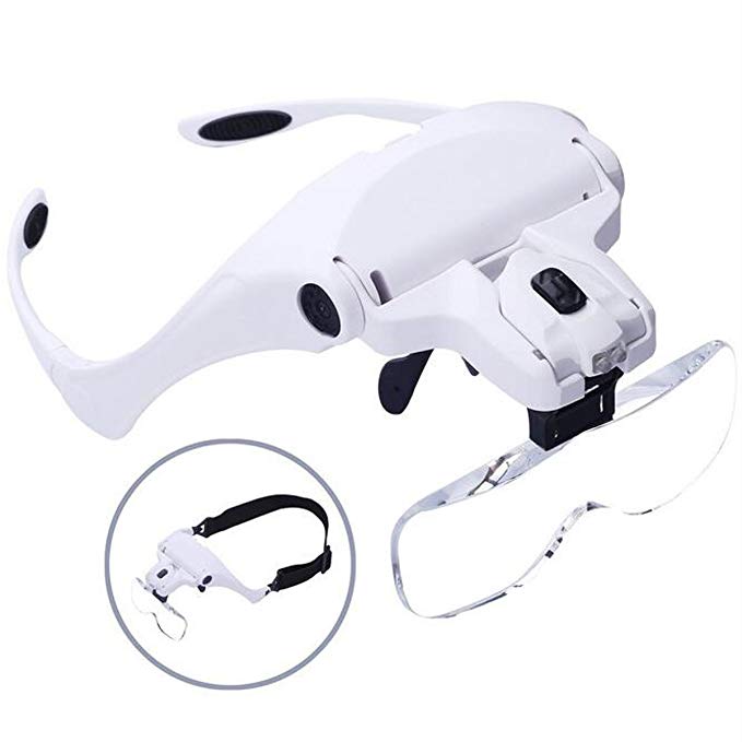 Efanr Head Mount Magnifier with 2 LED Professional Jeweler's Loupe Light Bracket and Headband are Interchangeable 5 Replaceable Lenses: 1.0X, 1.5X, 2.0X, 2.5X, 3.5X