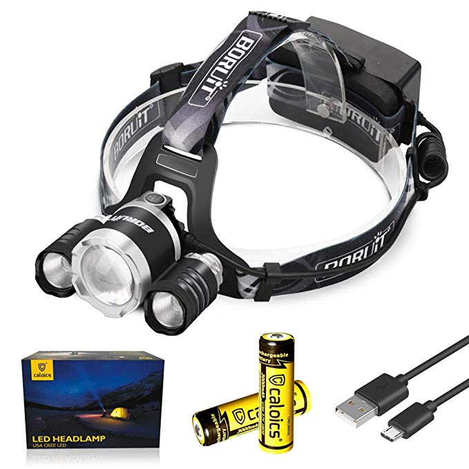 C Caloics Boruit LED Headlamp White Light Zoomable Fisheye 8000LM Cree XML-L2 & 2XPE Helmet Light, Rechargeable 18650 Batteries Waterproof, Camping Running (White Light)