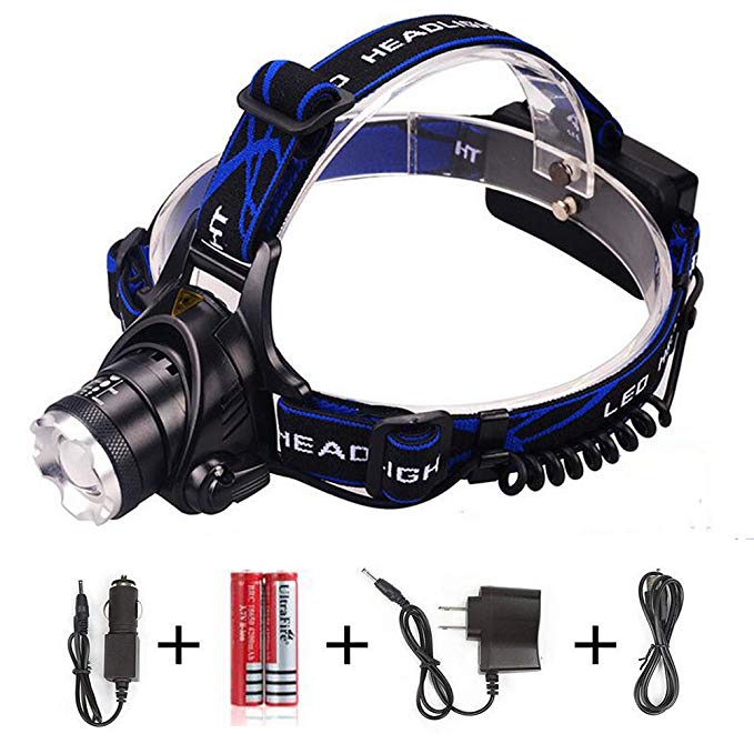 Rechargeable LED Headlamp, MOMONY Zoomable Waterproof Headlight Flashlight, 3 Modes Bright Hands Free Head Torch with Batteries, AC Charger, Car Charger and USB Cable for Running, Hiking, Hunting