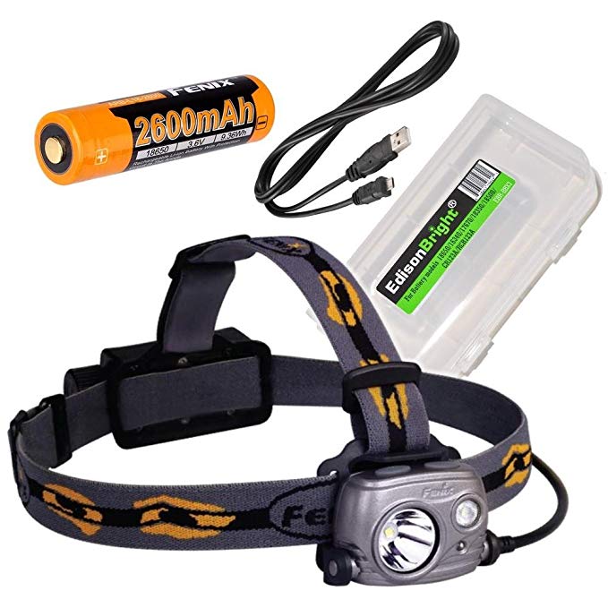 Fenix HP25R 1000 Lumen USB rechargeable CREE LED Headlamp (neutral white), 2 X Fenix 18650 rechargeable Li-ion batteries with EdisonBright BBX3 battery carry case bundle