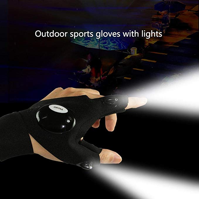 LED Finger Flashlight Gloves for Repairing Examination Work, Magic Strap Fingerless Gloves with 2 LED Light for Darkness Places and Outdoor Activities, Fishing, Camping, Hiking, Sporting, Cycling