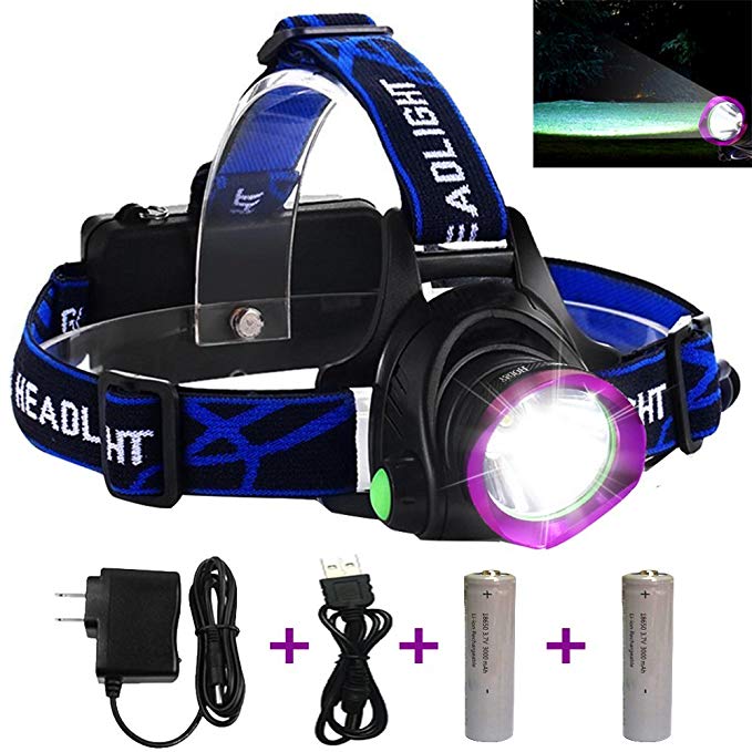 Adjustable Headlamp, LED Headlamp Flashlight Headlights with Rechargeable 18650 Batteries USB Charger for Cycling Running Dog Walking Camping Hiking Fishing Night Reading (Purple headlamp)