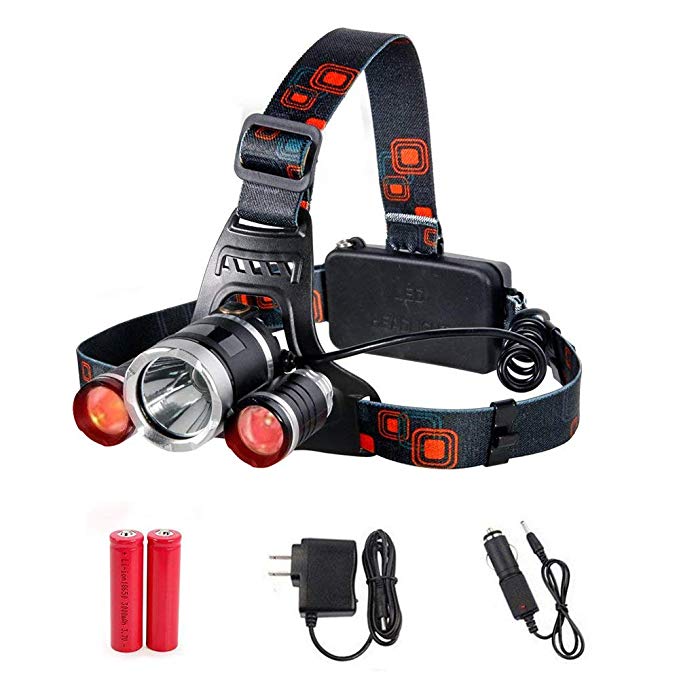 Maketheone Bright Headlamp USB Rechargeble LED Headlight Hands-free Flashlight, Waterproof Head Lamps Torch for Camping Fishing Hiking Night Activities (Red Lighting Set w' US Charger)