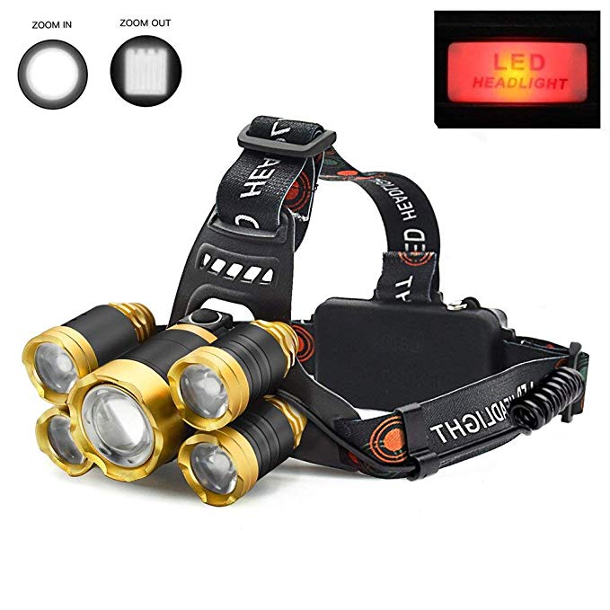 Headlamp, 10000 Lumens LED Headlamp flashlight Rechargeable Head Lights 5 LED Working Headlight Head Flashlight with Red Light for Fishing Cycling Running Camping