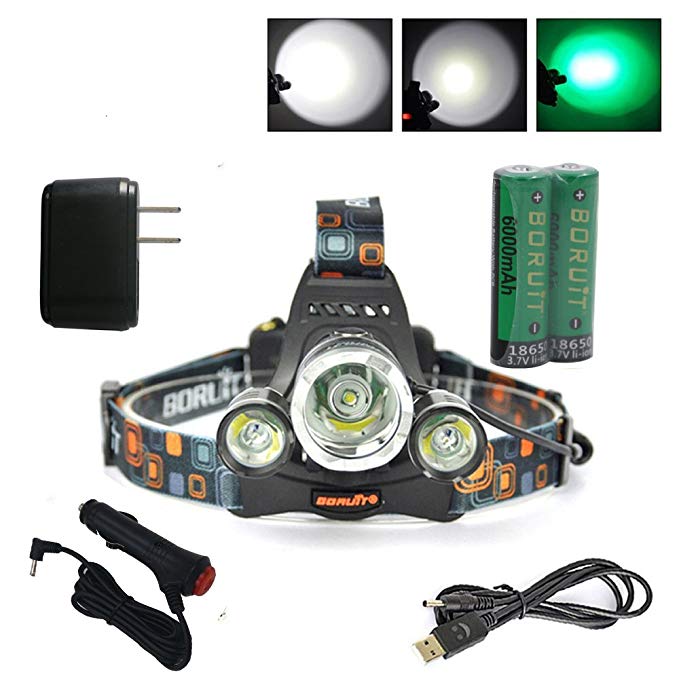 Irontria XML-T6 LED Headlamp with Green Light Rechargeable for Camping, Running,Reading,Bicycle,Hunting,Fishing. with 218650 Rechargeable Batteries+Wall Charger+Car Charger+USB Data Cable