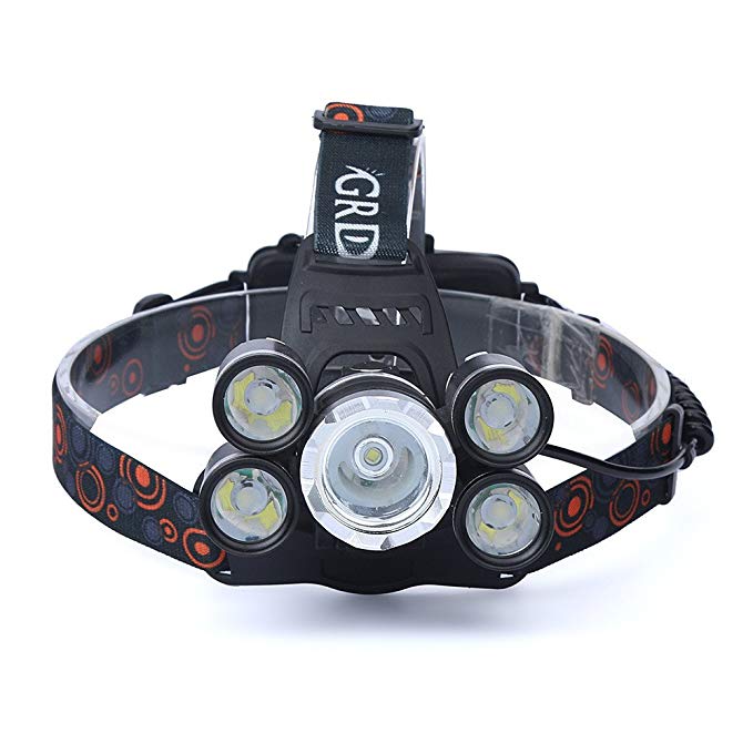 Aimik 35000 lumens Headlight, 5 LED 4 Mode Rechargeable Waterproof Adjustable Headlamp LED Flashlight Head Light Lamp for Camping, Hiking, Dog Walking,Mechanics