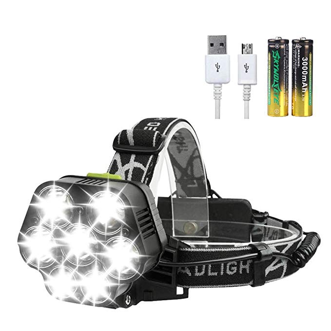 7 LED Headlamp, 6 Modes Waterproof Headlight 50W Rechargeable with White Light 18650 Batteries Included