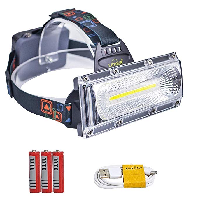 LETOUR LED Headlight, Rechargeable Headlamp, COB High Bright Flood Light Waterproof Work Light for Camping, Fishing, Jogging, Hiking, Bigger Battery Container, Super Long Working Time