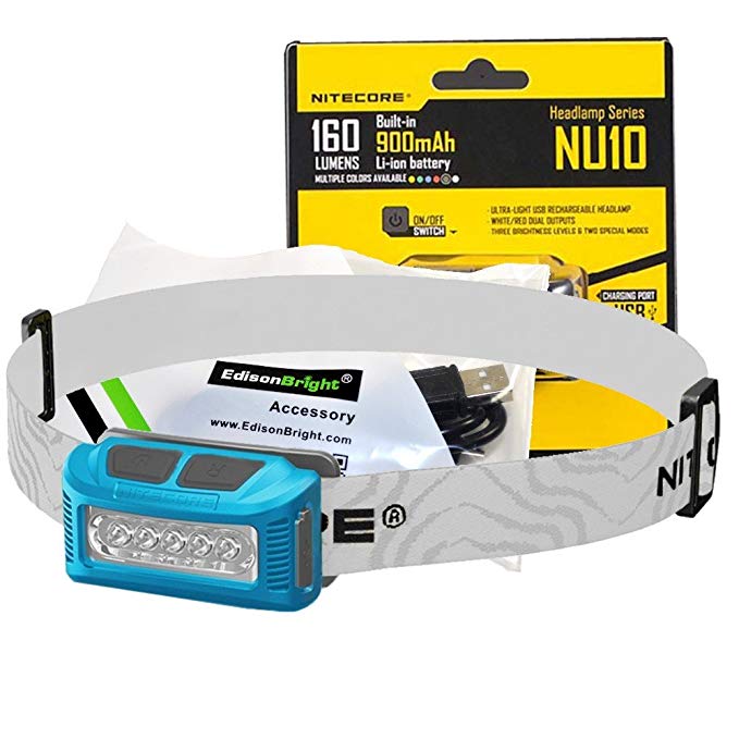 Nitecore NU10 160 Lumen USB rechargeable LED headlamp/worklight and EdisonBright brand USB charging cable bundle (Blue)