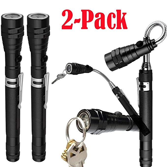 OVERMAL 2-Pack: Extendable Telescoping Magnetic Pickup Tool w/Flex-Head LED Flashlight Strong Flashlight