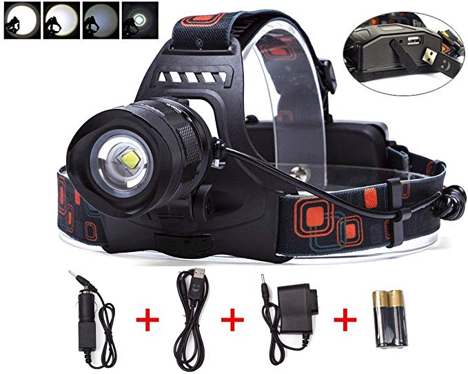 LIGHTESS LED Headlamp Zoomable Head Light Rechargeable Torch Lights 5 Modes XM-L2 with USB Output Power Bank Function for Camping, Hunting, Hiking