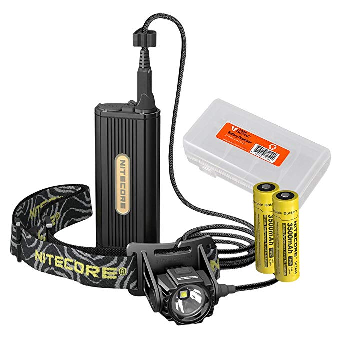 Nitecore HC70 1000 Lumen LED Headlamp with External Battery Case Plus 2X 3500mAh Rechargeable Batteries and Lumen Tactical Battery Organizer Bundle