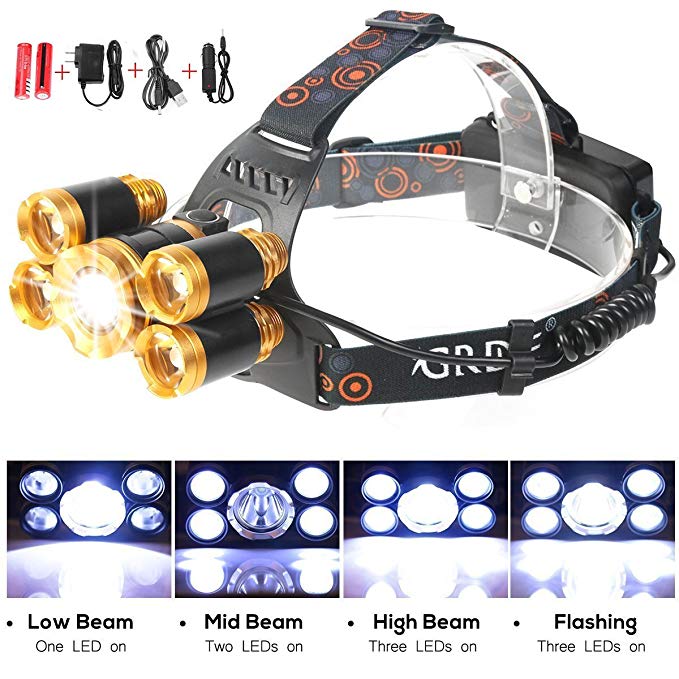 5 Led Bulbs Cree XML-T6 10000 Lumens Headlight + 4R5 4 Mode 18650 Rechargeable Waterproof Headlamp Super Bright Adjustable Headlamp for Outdoor Hiking Camping Riding Fishing Hunting