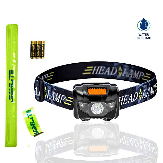 BEST LED Headlamp, 4 Modes, Bright White Light With Red Light, Super Bright, Water Resistant, Perfect For Kids & Adults, Get 2 Free Wristband Reflector, 3AAA Batteries Included (BLACK/ORANGE)- SAMLITE