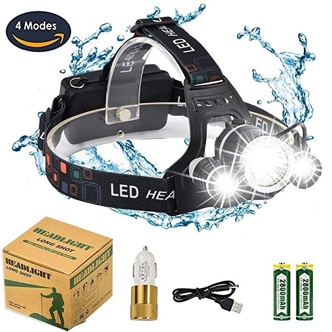 Zoomable Rechargeable Headlight flashlight, Adjustable Headband and 90 Degree Moving,8000 lumen Waterproof LED Headlamp with 4 Brightness Modes Battery powered for Hiking Climbing Camping Running