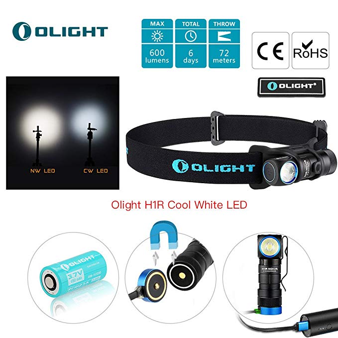 Bundle: olight h1r nova cree xm-l2 led 600 Lumen rechargeable headlamp flashlight, 5 brightness level with sos mode, edc running, camping lightweight with rcr123a battery olight patch (cw)