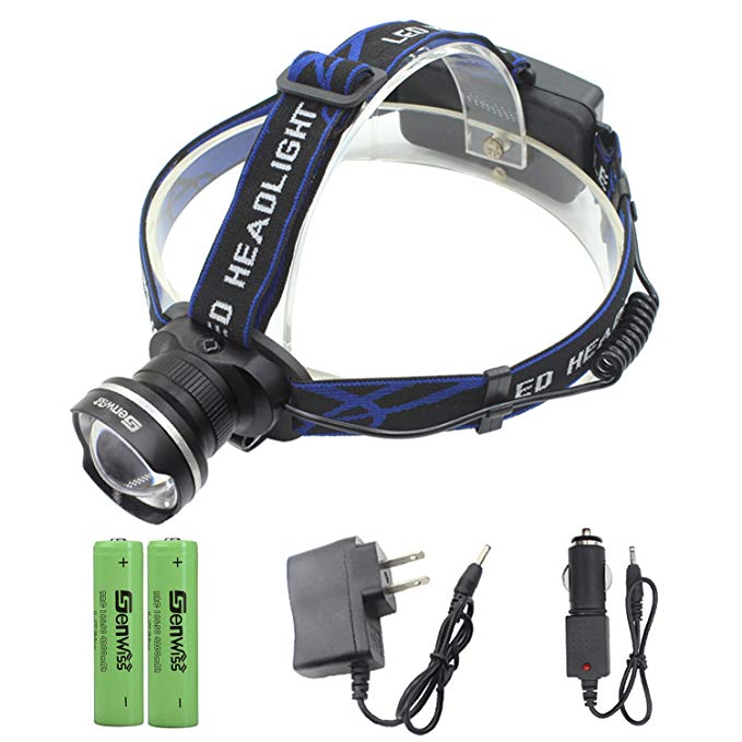 Genwiss Headlamp Flashlight Head lamp, 3000 Lumens XML T6 LED 3 Mode Waterproof Zoom Focus Front Light Super Bright Torch include 2 x 18650 Batteries and charger Camping Biking Hunting Fishing Riding