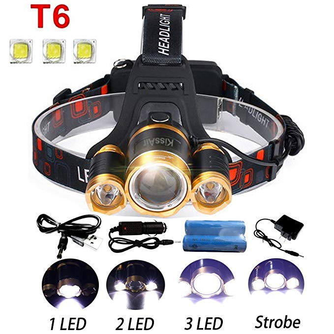 5000Lumen Bright 3 CREE XM-L XML T6 LED Headlamp Flashlight Torch 4 Modes Headlight Headlamps with Rechargeable Batteries for Hiking Camping Outdoor Riding Night Fishing Hunting