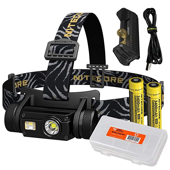 Nitecore HC65 1000 Lumen Triple Light Source Micro-USB Rechargeable Headlamp Plus 1x 3400mAh Rechargeable Battery, F1 Outdoor Battery Charger and Lumen Tactical Battery Organizer