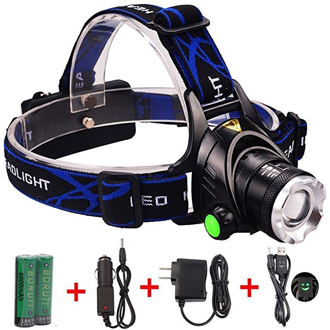 Waterproof LED Headlamp with Zoomable 3 modes 1200 Lumens light, hands-free headlight with Rechargeable batteries for biking camping hunting running rainy weather