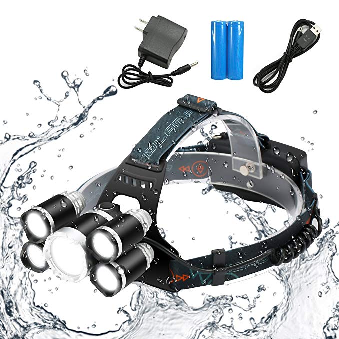 SGODDE LED Headlamp, Super Bright 5 LED 8000 Lumens Headlight - 4 Modes Waterproof Head Torch with Rechargeable Batteries for Outdoor Hiking Camping Hunting Fishing Cycling Runnin Black