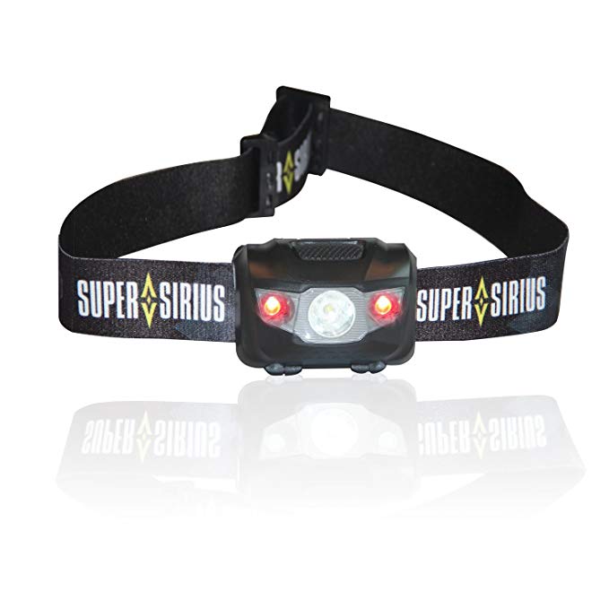 Super Sirius Super Bright LED Headlamp Flashlight with 2 Red Lights for Preserving Your Night Vision for Running, Camping, Reading, Fishing, Walking, and Home Projects. Batteries Included