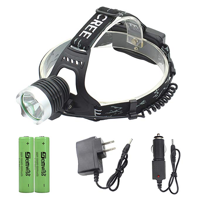 LED Headlamp - Genwiss Super Bright Head Lamp Waterproof 1800 lumen XML T6 Headlight Aluminum Alloy Torch Lights Flashlight 3 Modes with Rechargeable Battery, USB Cable, Car Charger, Wall Charger