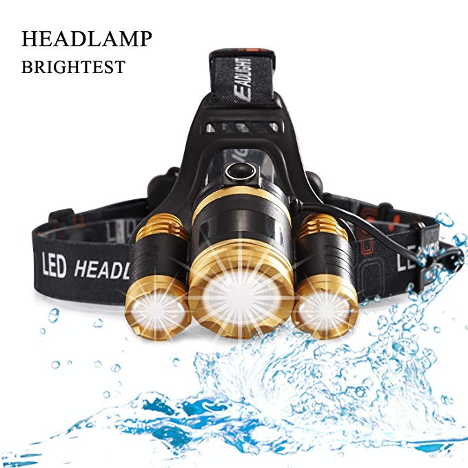 LED Headlamp Flashlight Rechargeable Brightest Waterproof Zoomable 6000 Lumens 3 Lights 4 Modes Best Headlight for Hard Hat Camping Running Fishing Hunting (WH)