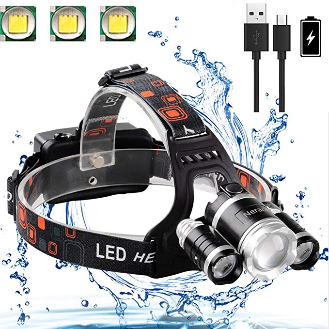 Neraon LED Headlamp 6000 Lumens, Zoomable 4 Modes LED Headlight USB Rechargeable, Waterproof Headlamp for Running Hiking Camping