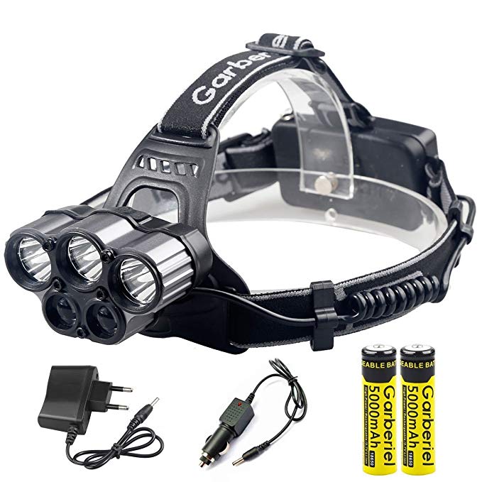 Garberiel 5000 Lumens 6 Modes LED Headlamp Black Waterproof Light Weight Adjustable Head lamp with Battery and Charger, Car Charger