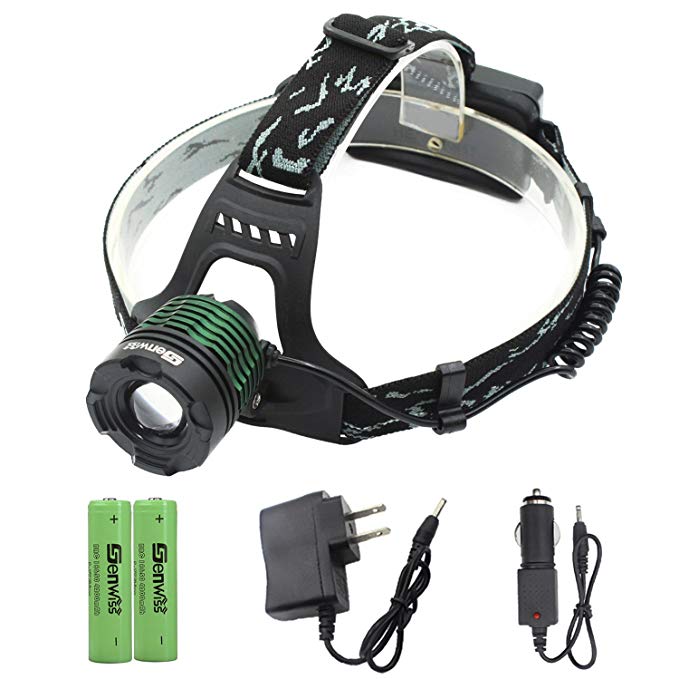 LED Headlamp Waterproof Head Lamp - Genwiss Torch Light XML T6 Flashlight Zoomable Rechargeable Super Headlight with Rechargeable Batteries, Car Charger, Wall Charger for Camping Biking