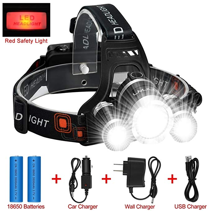 LED Headlamp Flashlight Kit, ANNAN 8000-Lumen Extreme Bright Headlight with Red Safety Light, 4 Modes, Waterproof, Portable Light for Camping, Biking, 2 Rechargeable 18650 Batteries Included