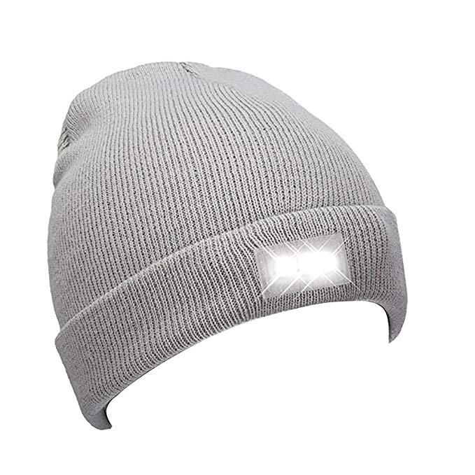 Mofek Unisex Bright LED Beanie Hat Hands Free Flashlight Warm Winter Cap (Grey)