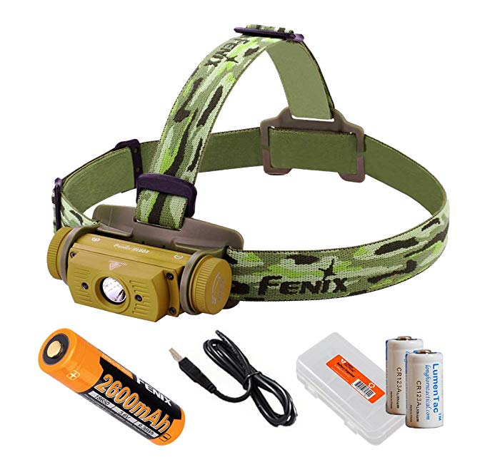 Fenix HL60R 950 Lumens (Black or Desert Yellow Finish) Rechargeable LED Headlamp with Rechargeable Battery, USB Charging Cable, LumenTac Organizer and Backup CR123As