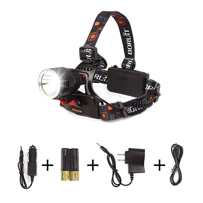 Boruit 2000 Lumens Rechargeable Bike Flash Head Lamp with 3 Brightness Modes, 2-Piece 18650 Batteries, USB Cable and Charger