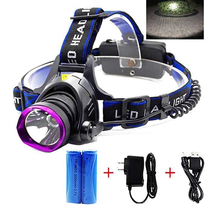 LED Headlamp, Waterproof Rechargeable Head Lamp Headlight Flashlight with 2×18650 Batteries USB Cable Plug Charger for Hunting Hiking Camping Fishing Reading Running Cycling