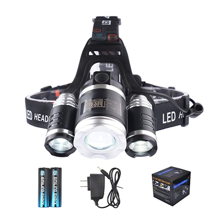 LED Headlamp, Smiling Shark Bright 3 XML-T6 LED Headlight 5000 Lumen 4 Modes Zoomable Water Resistant Rechargeable Battery